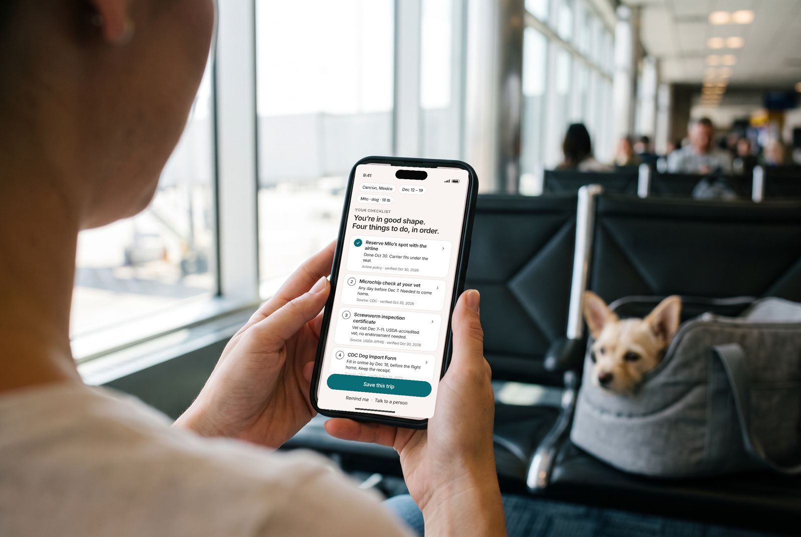 A woman at an airport gate checks her trip checklist on her phone, her small dog in a carrier beside her