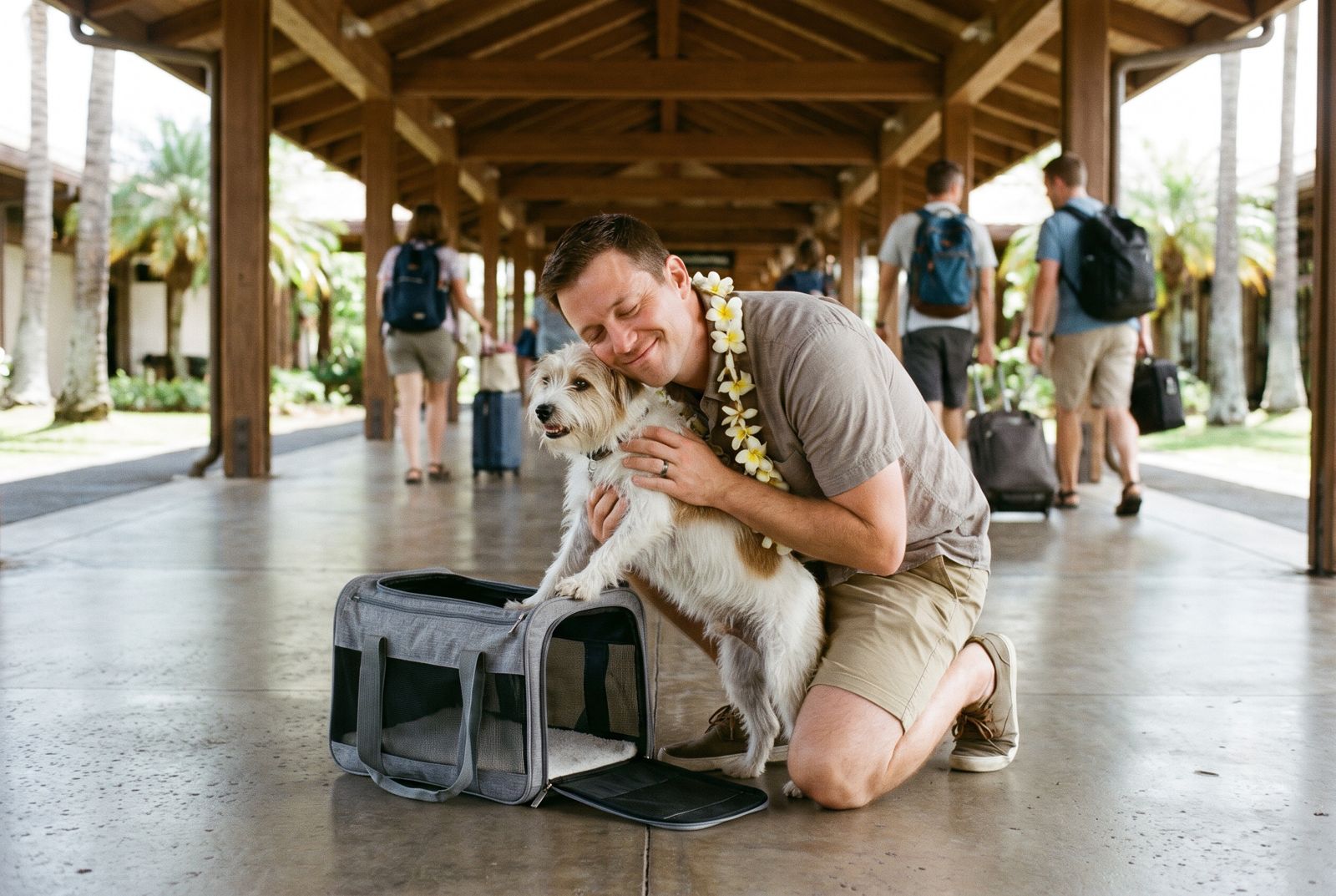 A man kneels and hugs his terrier just out of its carrier on an open-air arrivals walkway in Hawaii