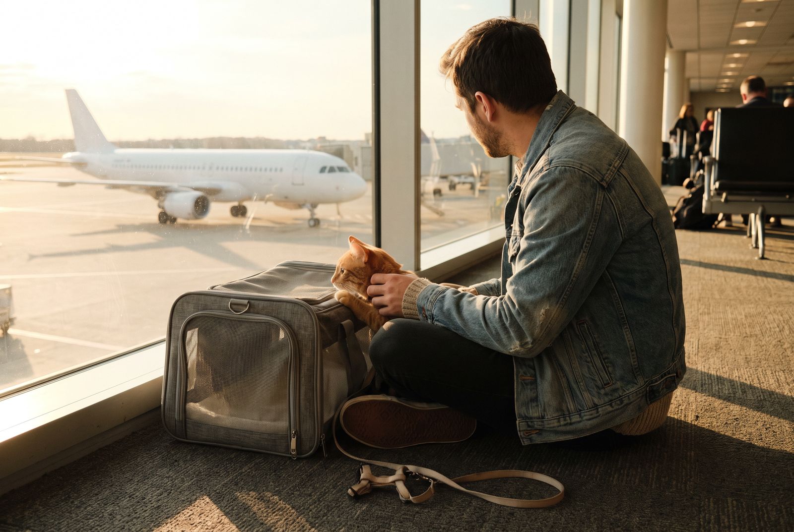 A man sits on the floor at an airport window with his orange tabby cat looking out of an open carrier at a plane